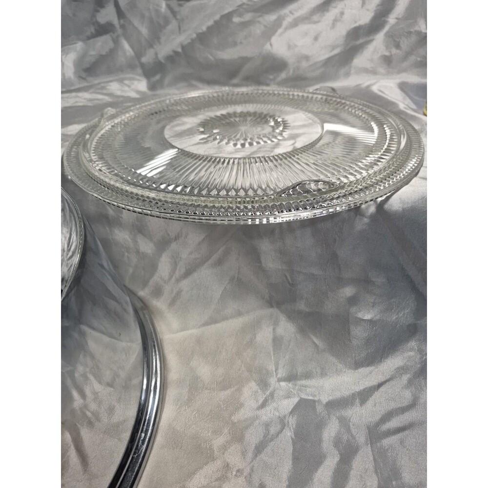 VTG Glass Cake Plate Stainless Steel Dome Lid Covered Dish Ribbed Footed 12" - Picture 12 of 16